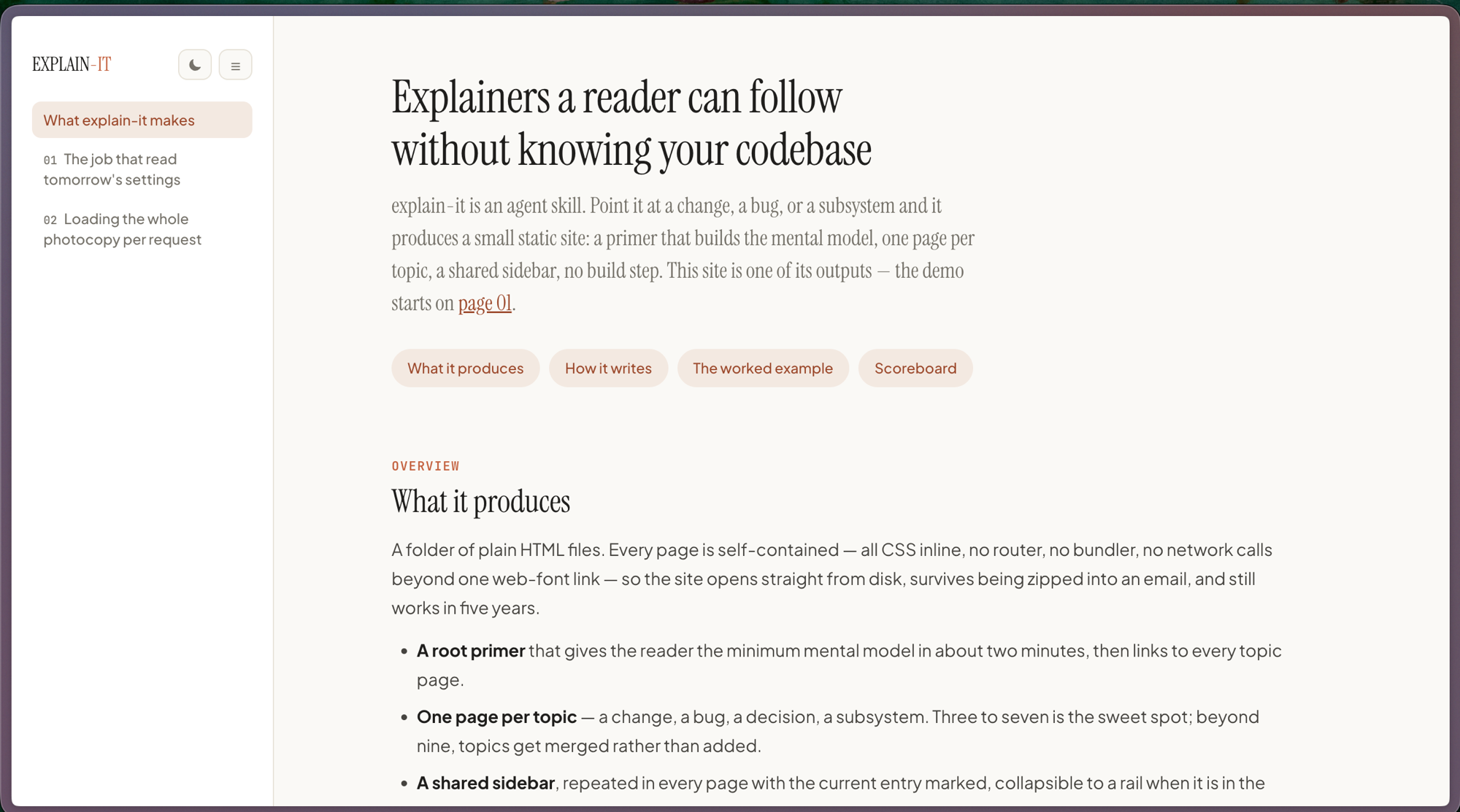 the explain-it demo site — a primer page with a sidebar listing the topic pages
