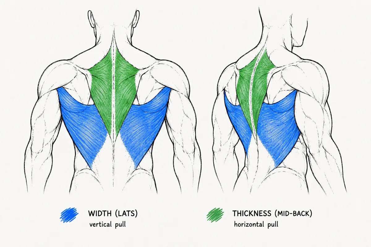 lats (blue) = width, vertical pulls · mid-back (green) = thickness, horizontal pulls