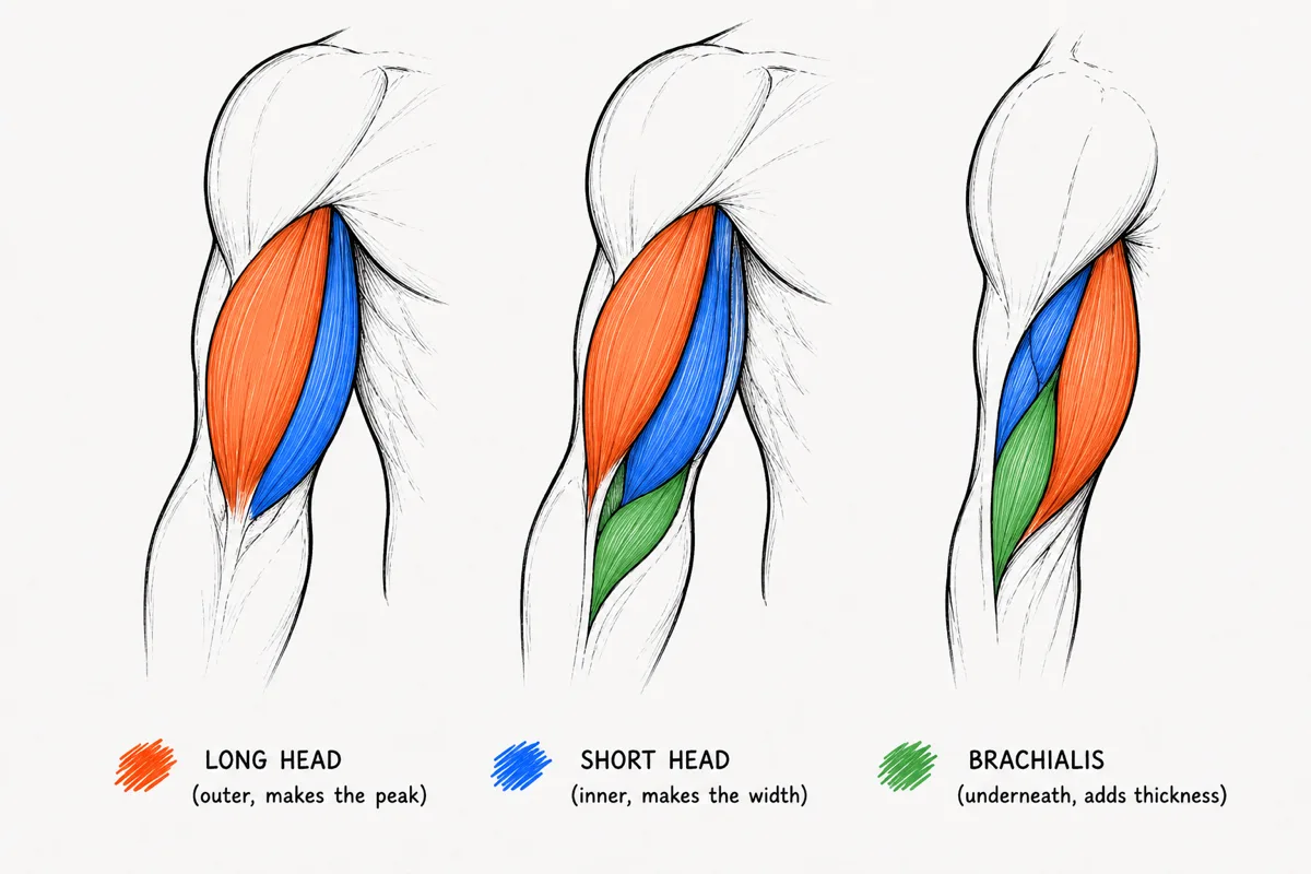 long head, short head, and the brachialis underneath
