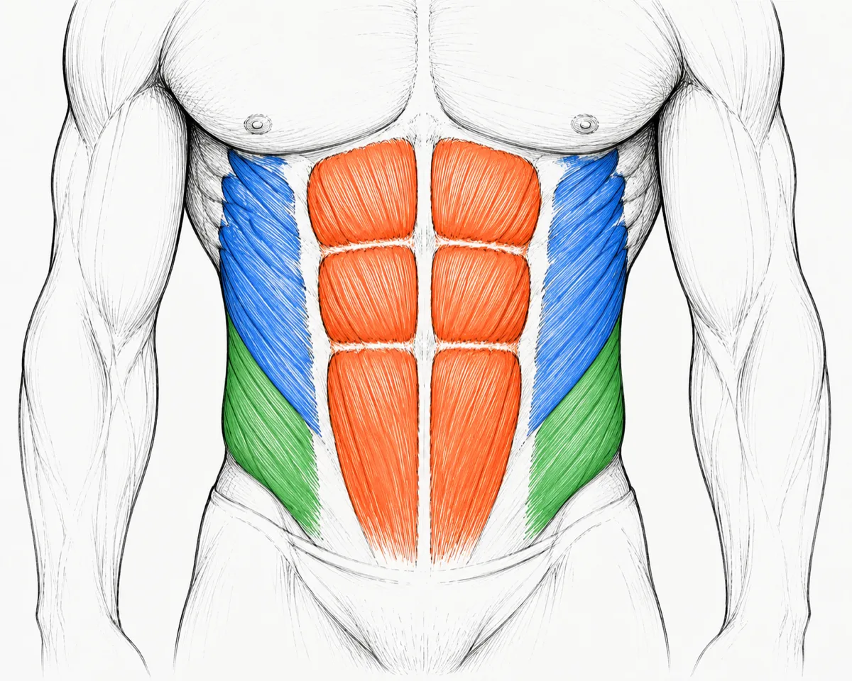 abs (orange) and the obliques (blue, green)
