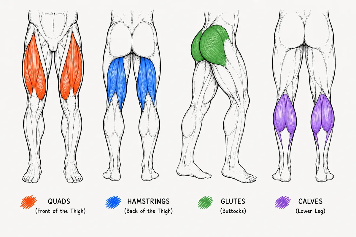 quads, hamstrings, glutes, calves