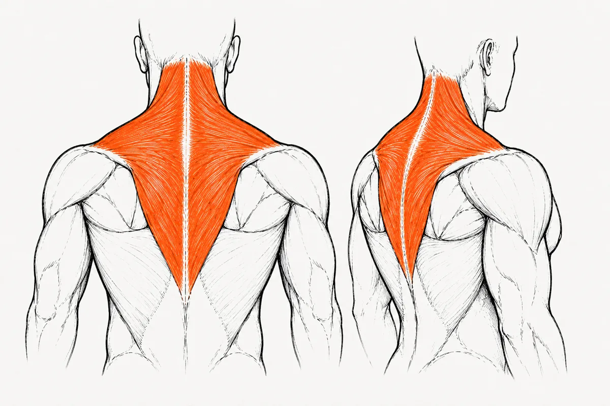 the trapezius — from the neck down to the mid-back
